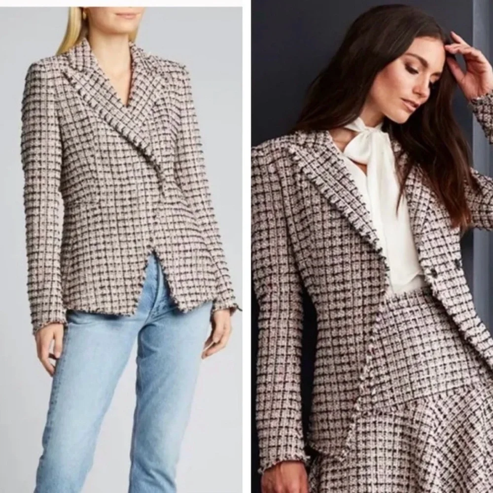 Elie Tahari Jezebel Tweed Frayed Trim Plaid Jacket Size 2 - Picture 1 of 10